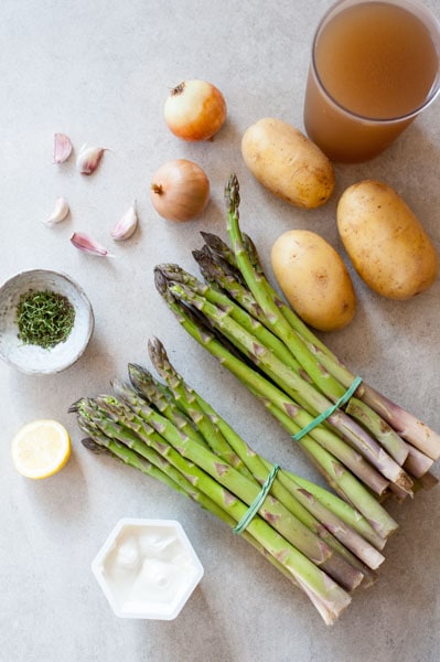 ingredients needed to prepare cream of asparagus soup with goat cheese