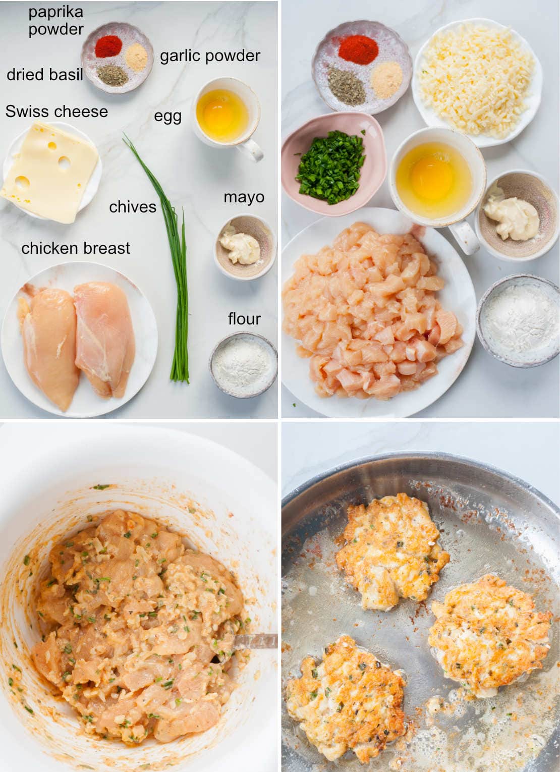 Cheesy chicken fritters ingredients and preparation steps.