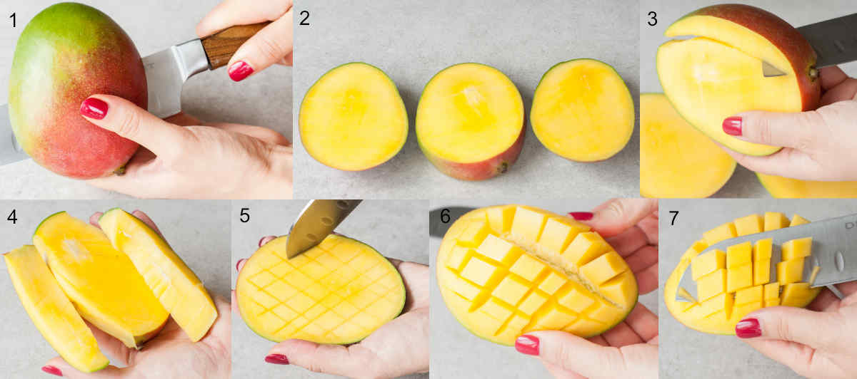 A collage of 7 photos showing how to cut mango into cubes.