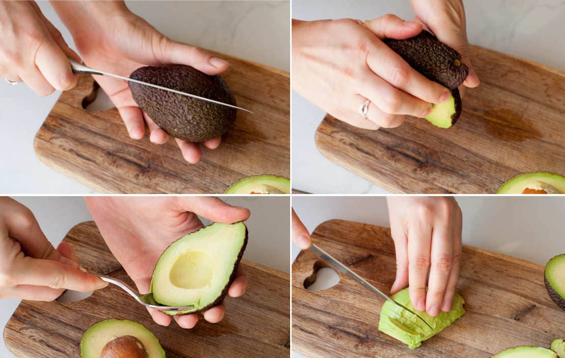 A collage of 4 photos showing how to cut an avocado.