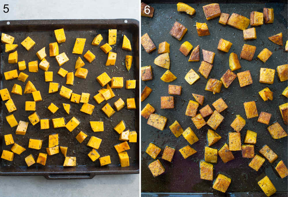 Roasted butternut squash in a black baking sheet.