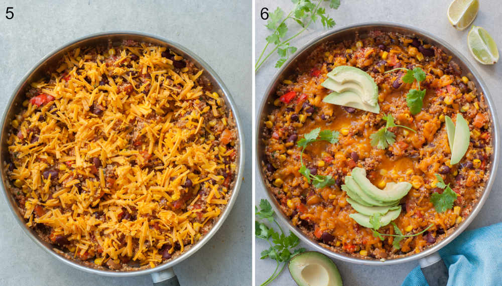 Cooked quinoa topped with cheddar cheese, avocado and coriander in a pan.