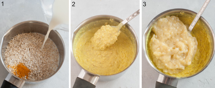 A collage of 3 photos showing banana oatmeal preparation steps.