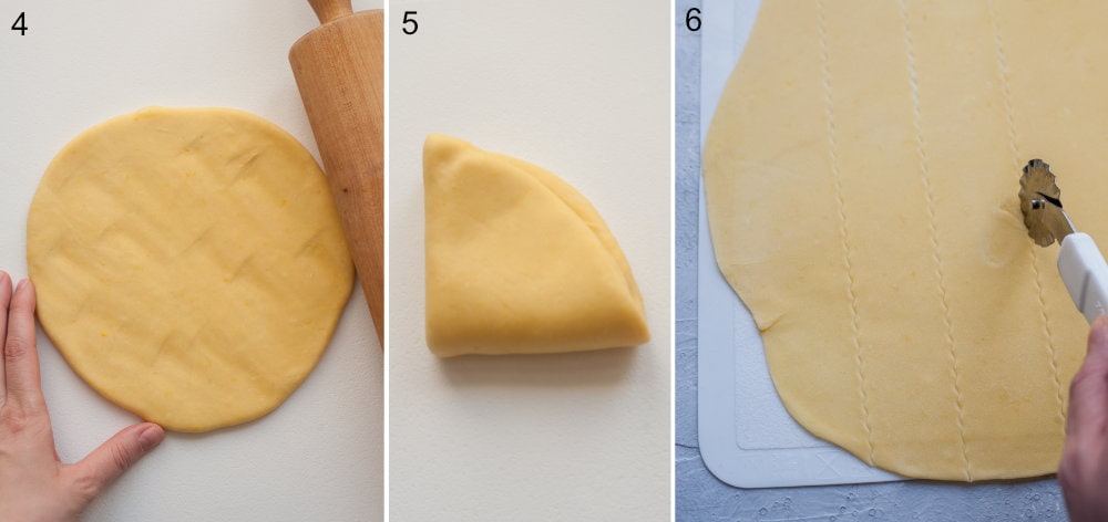 A collage of 3 photos showing rolling out and folding faworki dough.