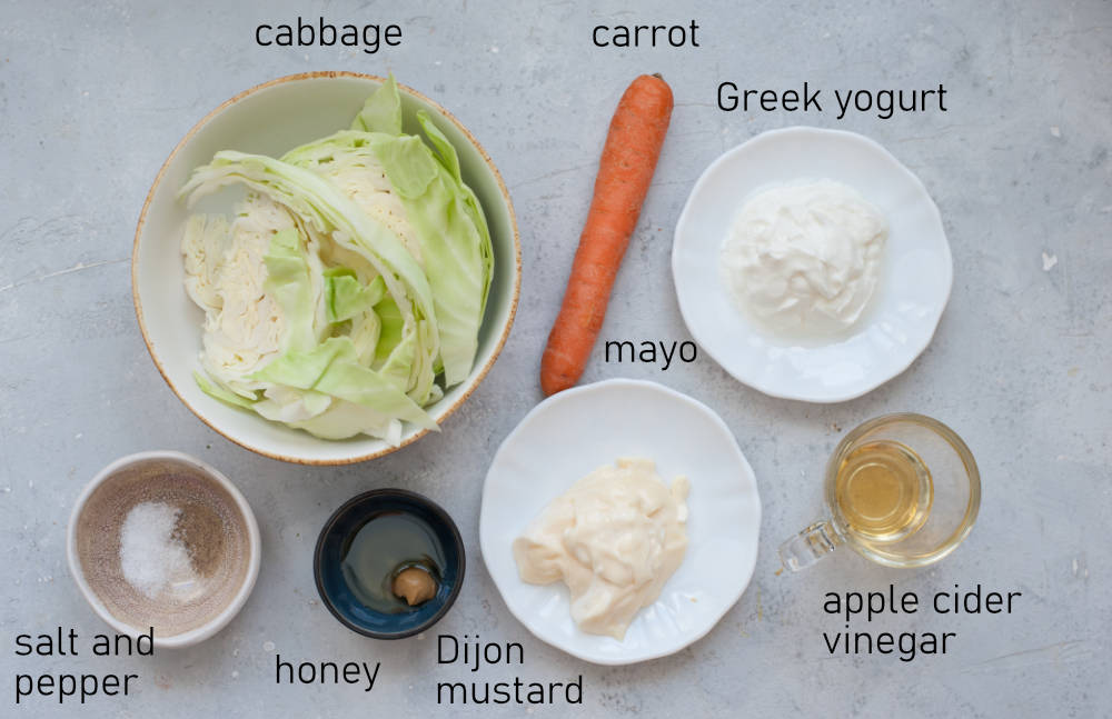 Labeled ingredients for a coleslaw.