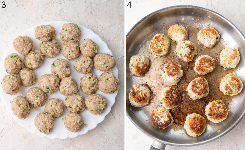 Raw meatballs on a white plate. Meatballs are being pan-fried in a pan.