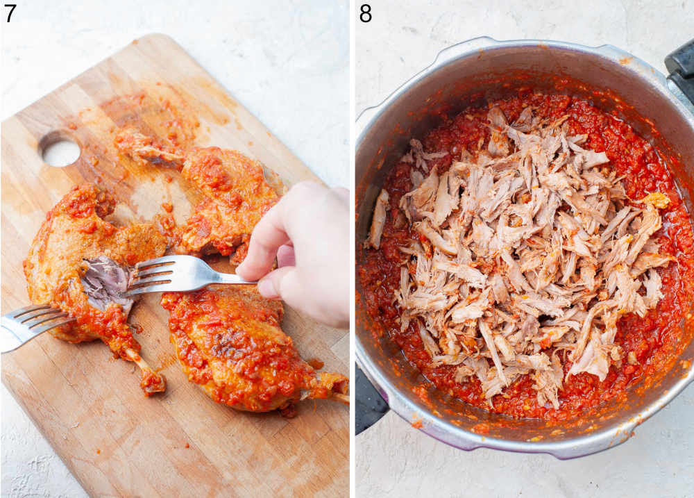 Duck leg meat is being shredded with a fork. Shredded duck meat and tomato sauce in a pot.