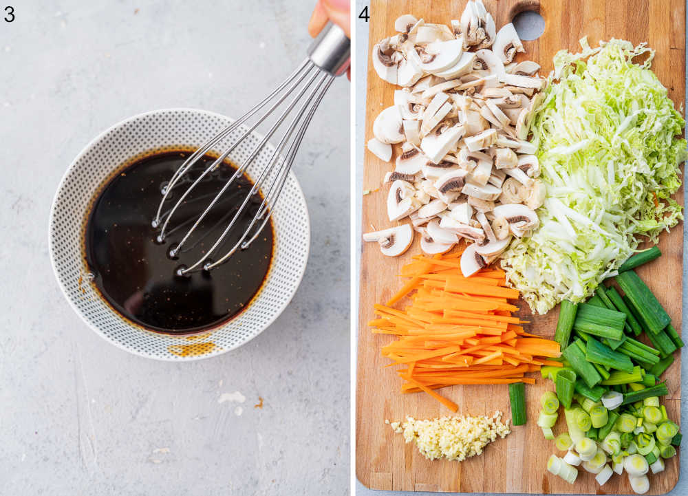 Sauce ingredients are being stirred in a bowl. Chopped vegetables on a chopping board.
