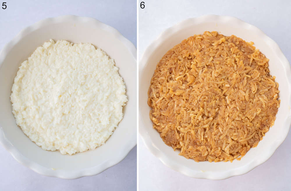 Cooked rice in a pie dish. Cooked apples in a pie dish.