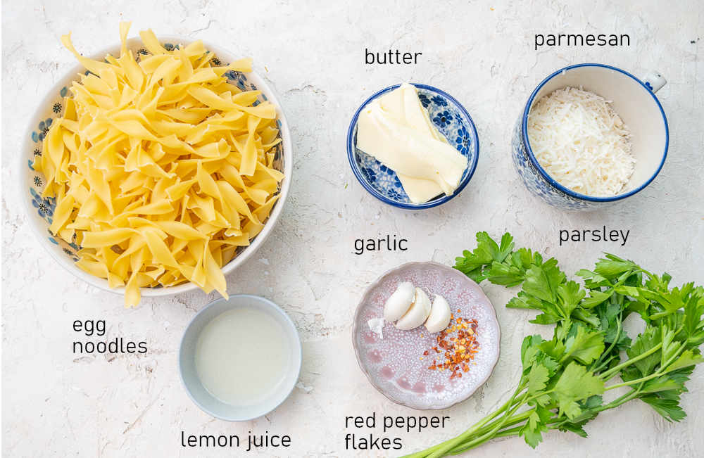 Labeled ingredients for garlic butter noodles.