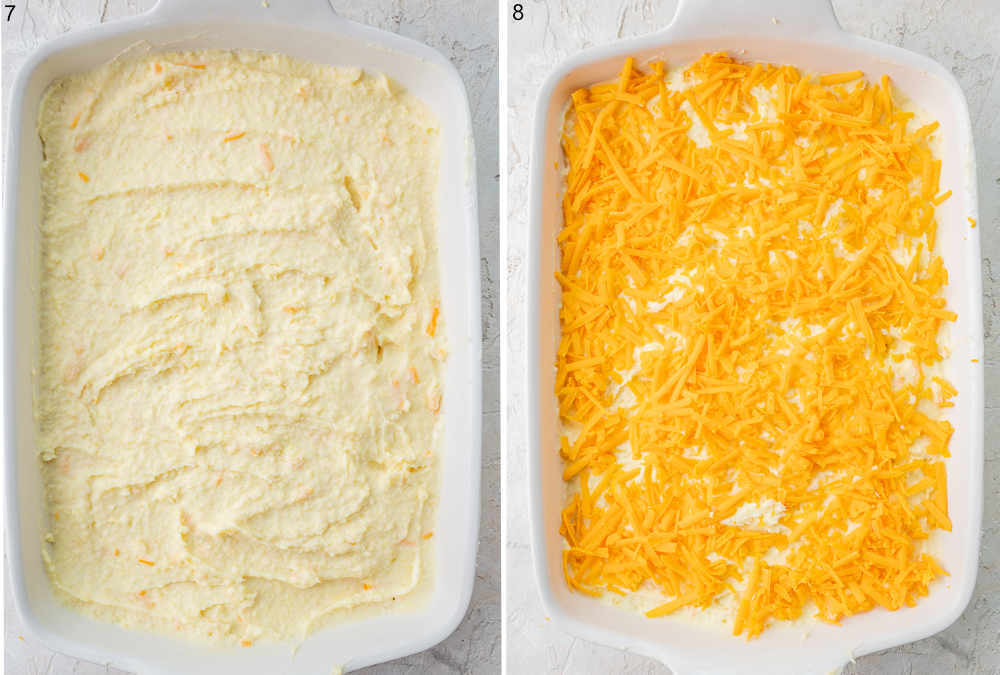 Mashed potatoes in a baking dish. Mashed potatoes and cheddar on top ready to be baked.