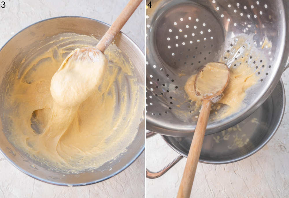 Spätzle batter in a bowl. Spätzle batter is being pushed through a colander into boiling water.