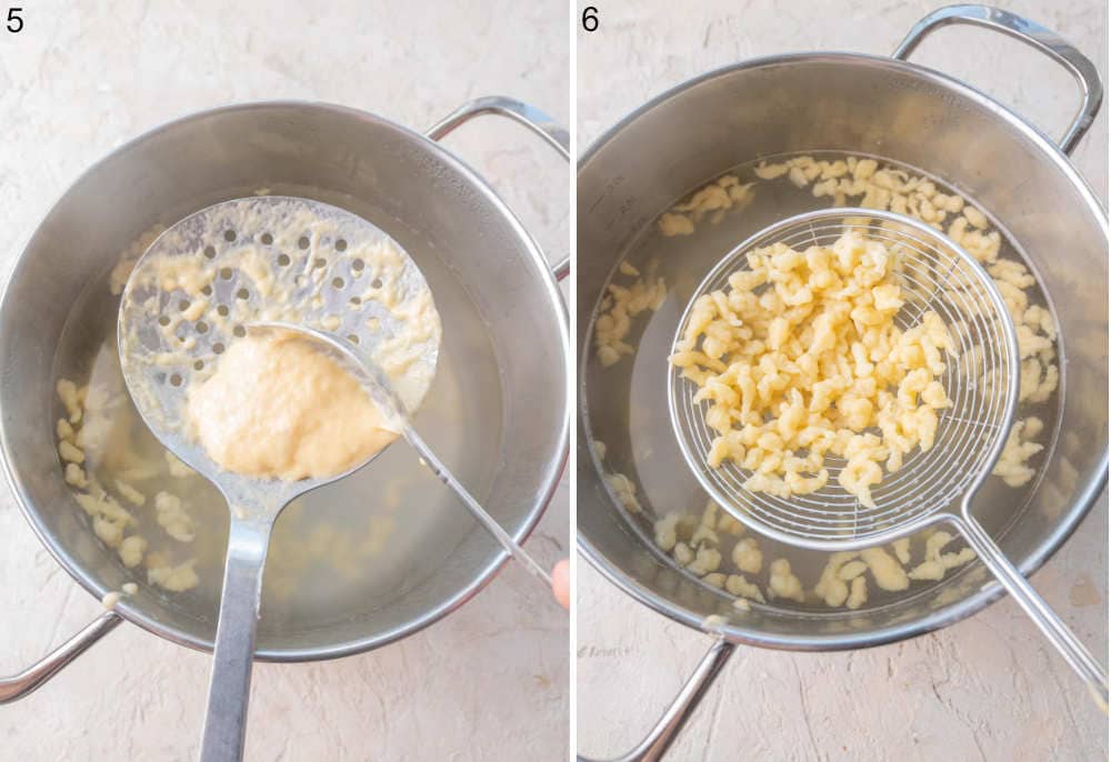 Spätzle batter is being pushed through a slotted spoon into boiling water in a pot. Cooked Spätzle on a spider strainer.