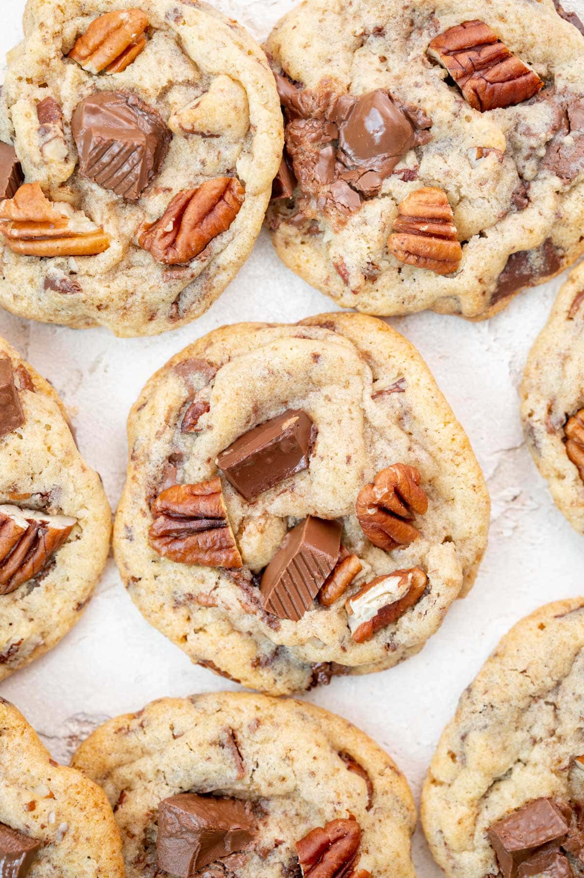Overhead photo of chocolate chip pecan cookies.
