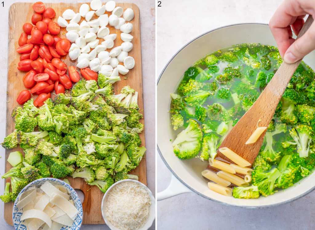 Chopped ingredients for tomato broccoli pasta. Broccoli and pasta are being cooked in a white pot.