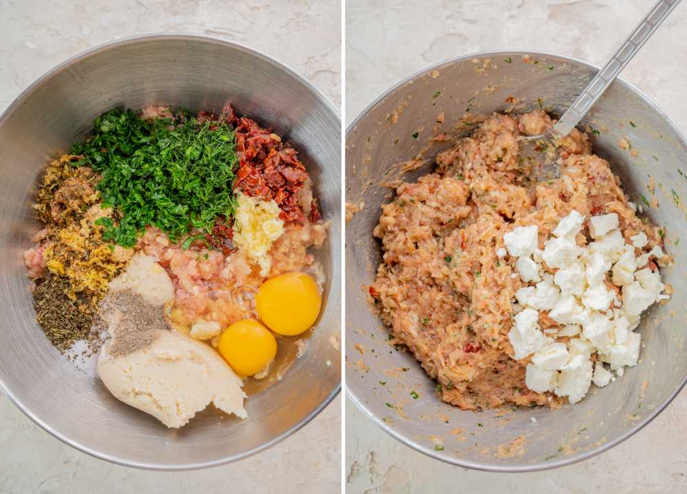Ingredients for Greek Chicken Meatballs in a metal bowl.