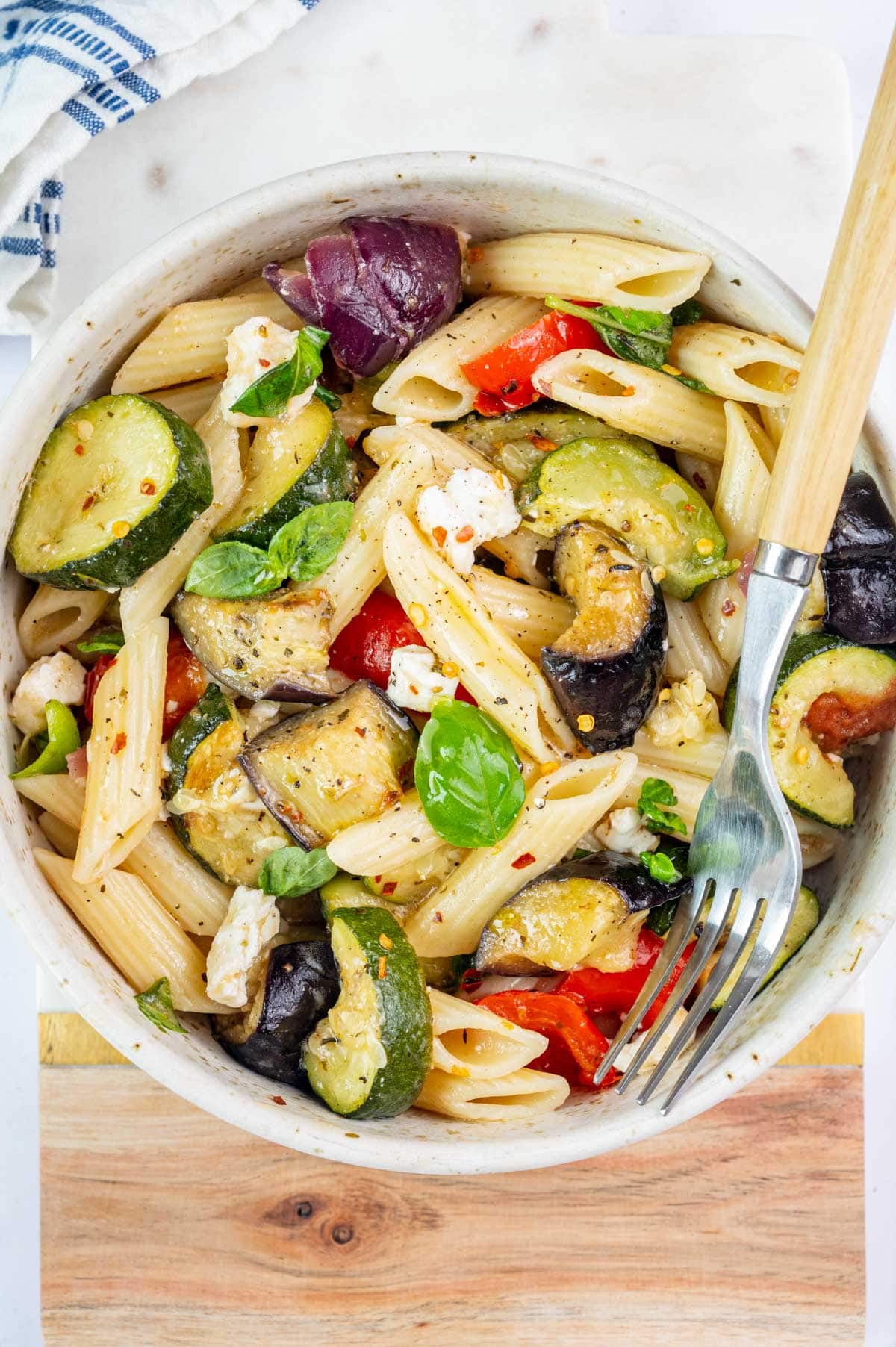 Roasted Vegetable Pasta in a white bowl.