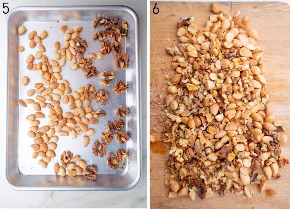 Toasted nuts on a baking sheet. Chopped nuts on a chopping board.
