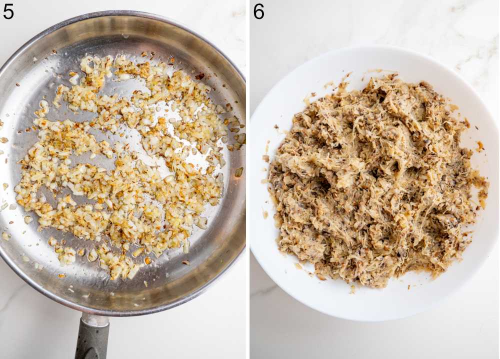 Sauteed onions in a pan. Sauerkraut mushroom filling in a white bowl.