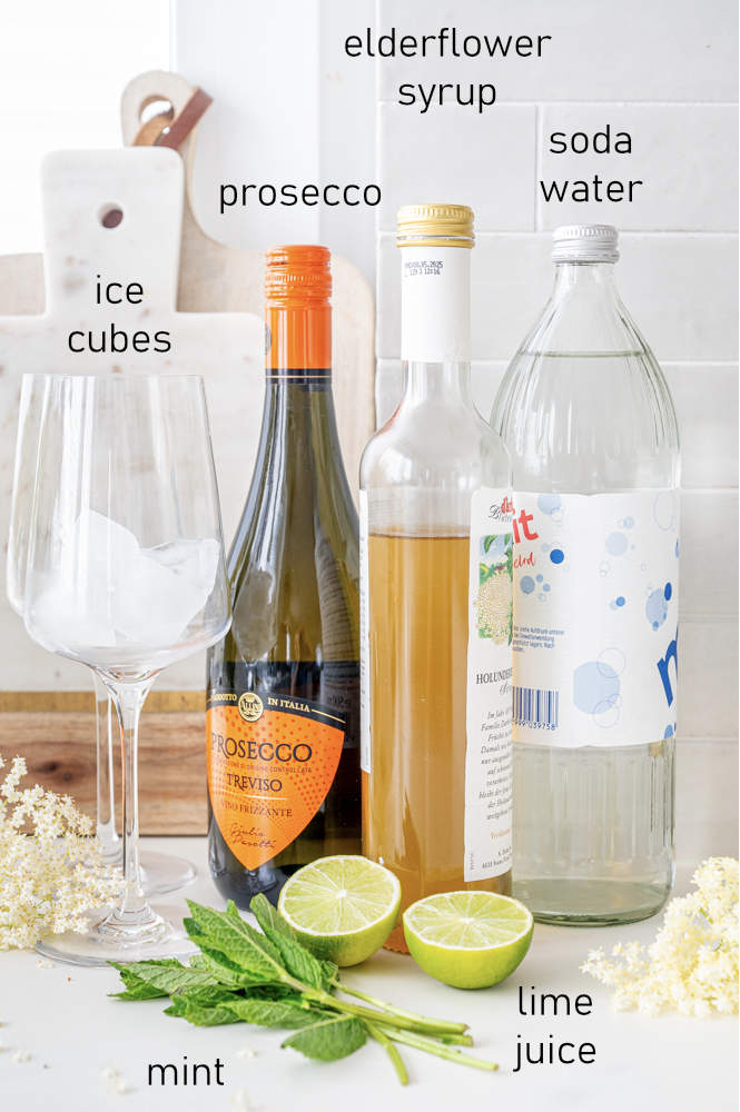 Labeled ingredients for Hugo Cocktail.