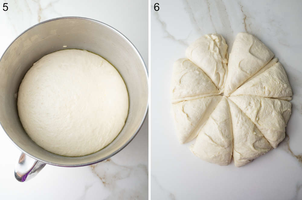 Risen dough in a bowl. A dough round divided into 8 parts.