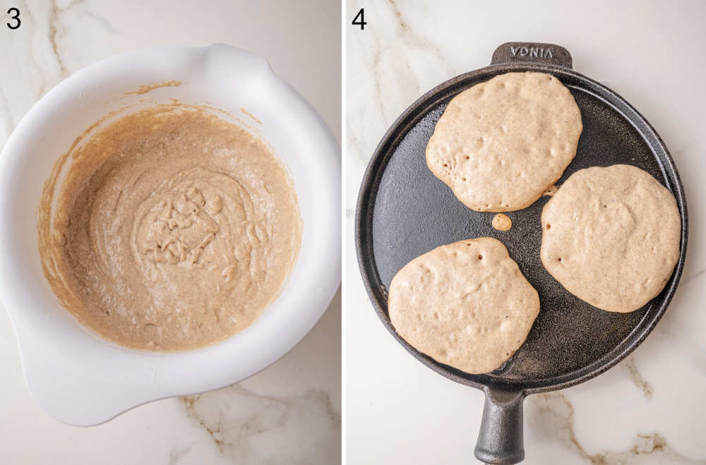 Cinnamon pancake batter in a white bowl. Pancakes on a black pancake pan.