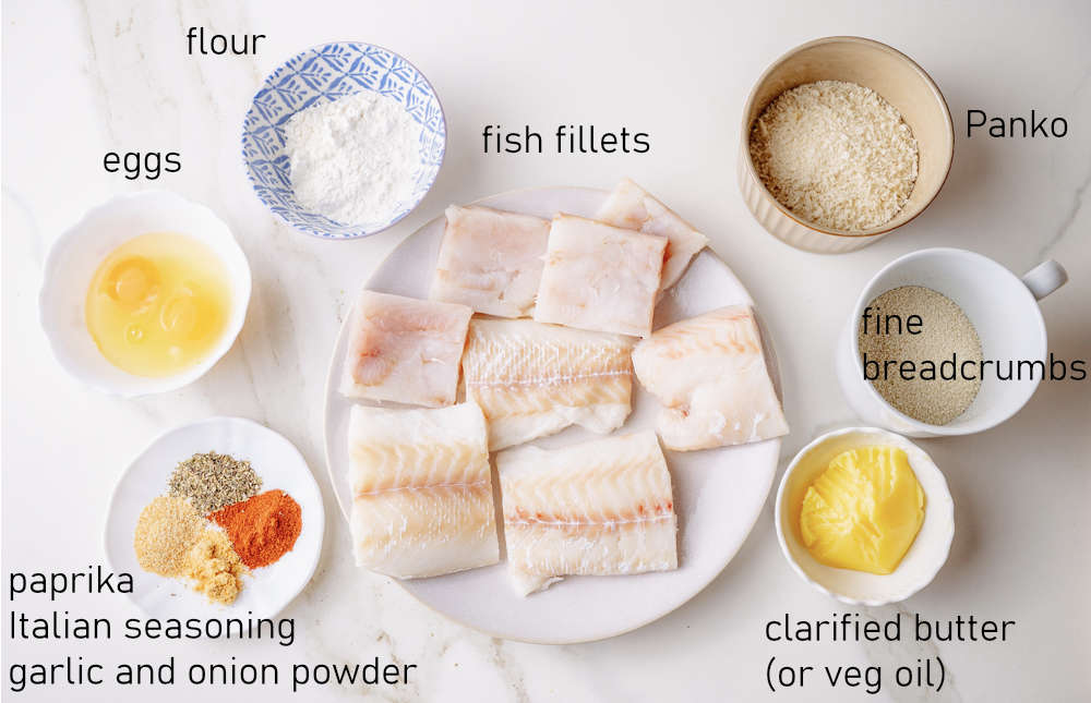 Labeled ingredients for homemade fish sticks.