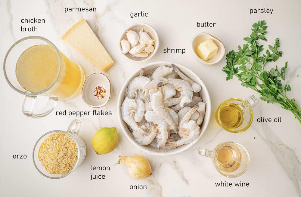 Labeled ingredients for shrimp scampi orzo.