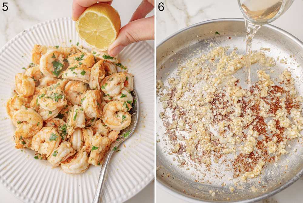 Left photo: Cooked shrimp on a plate, lemon being squeezed on top.
Right photo: Garlic and onion sautéing, wine being poured in.