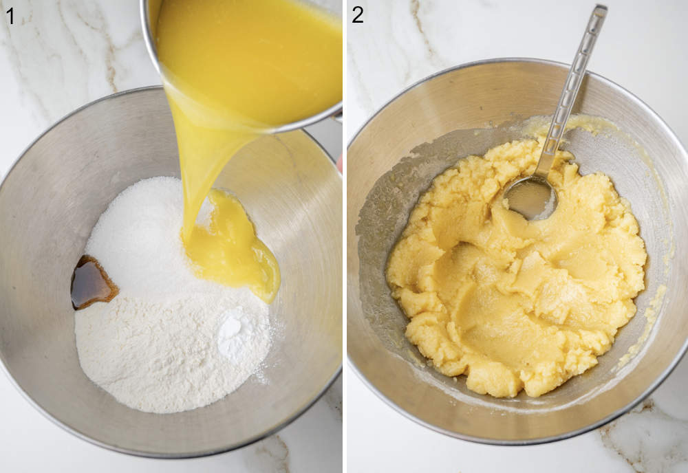 In the first photo, melted butter is poured over flour, sugar, baking powder, and vanilla in a mixing bowl. In the second photo, the mixed crumble dough is shown in the bowl.