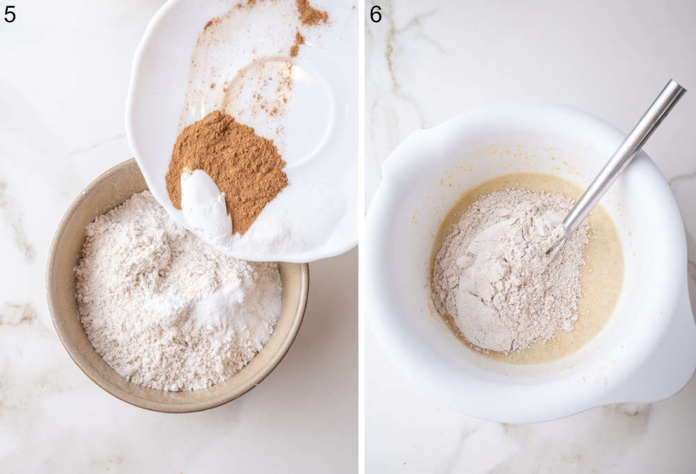 Dry ingredients (whole wheat flour, baking powder, baking soda, cinnamon, and salt) being added to a bowl, then gently mixed with the wet ingredients.