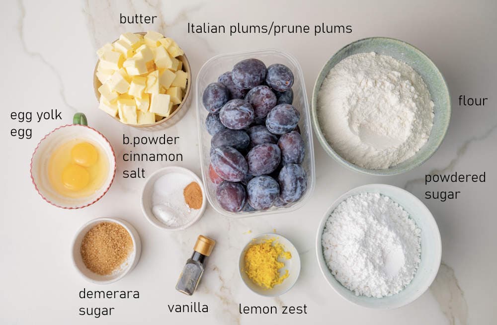 Labeled ingredients for German plum cake.