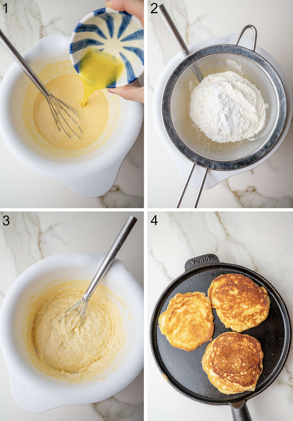 A collage of four photos showing how to prepare yogurt pancakes step-by-step.