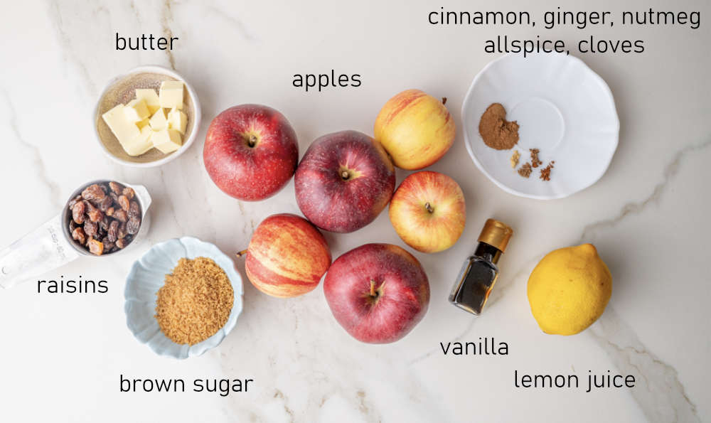 Labeled ingredients for apple pierogi filling.