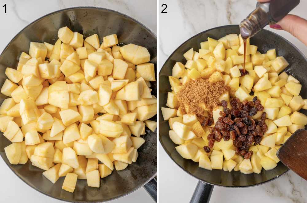 Diced apples with sugar and raisins in a black pan.