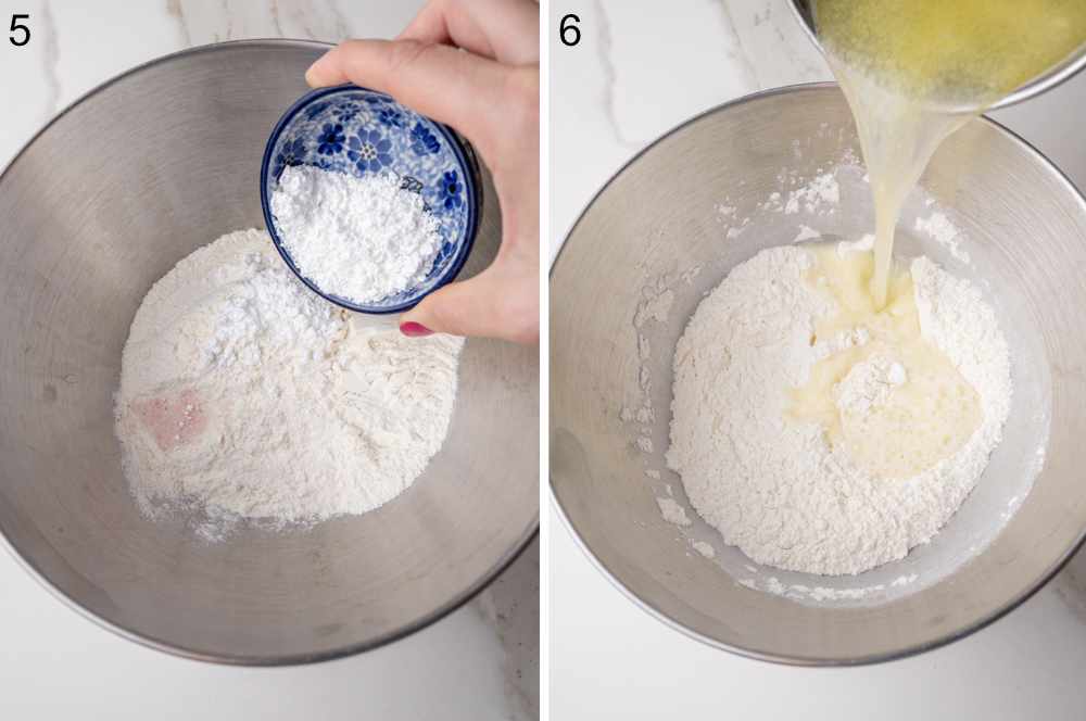 Water with butter is being added to a bowl with flour.