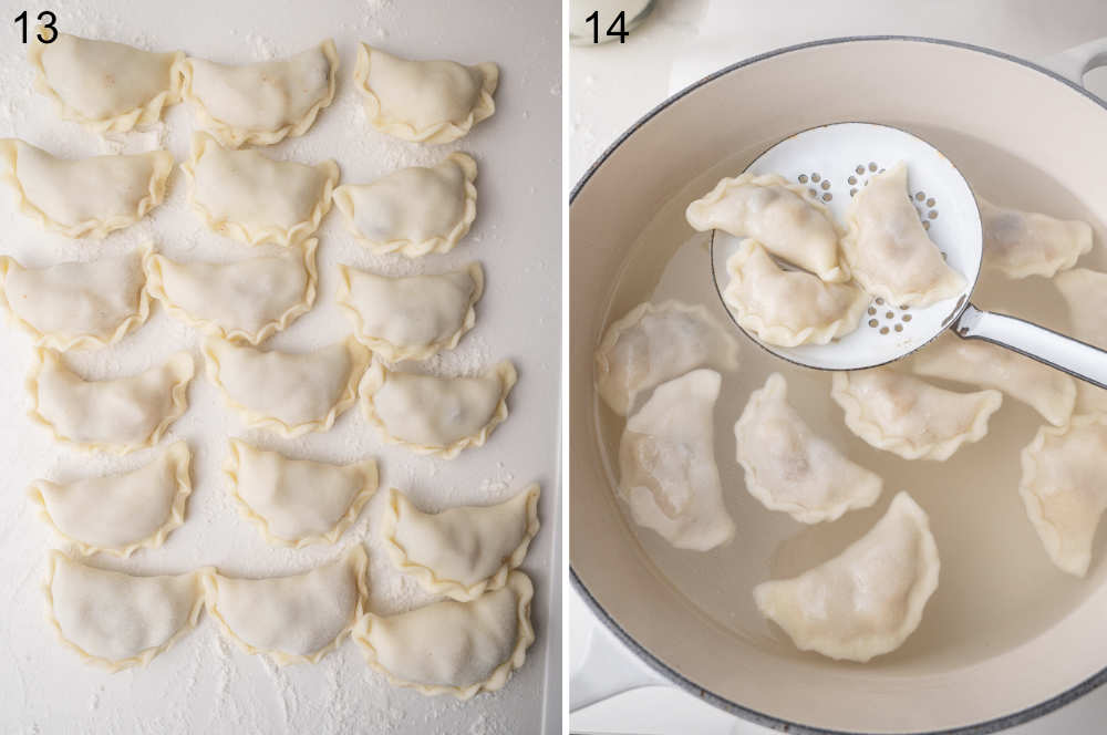 Uncooked apple pierogi on a counter. Pierogi are being removed from the water on a slotted spoon.