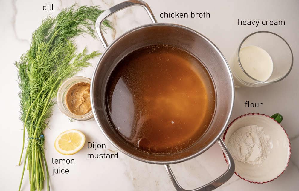 Labeled ingredients for dill sauce to serve with meatballs.