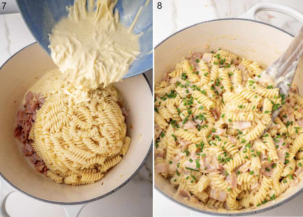 Creamy cheese sauce is being added to a potm with pasta and pan. Schinkennudeln pasta in a white pot.