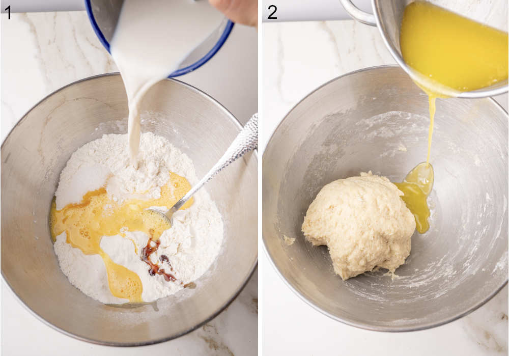 Ingredients for yeast dough are being added to a metal bowl.
