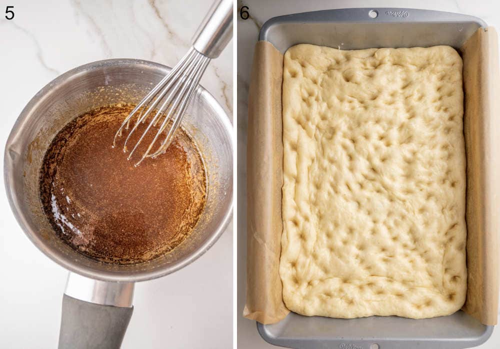 Brown sugar butter topping in a pot. Yeast dough with dimples in a baking pan.