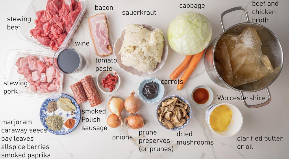 Labeled ingredients for bigos stew.