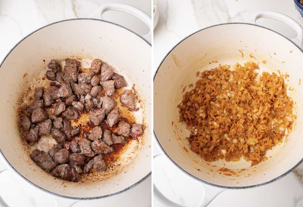 Browned beef in a pot. Sauteed onions and carrots in a pot.