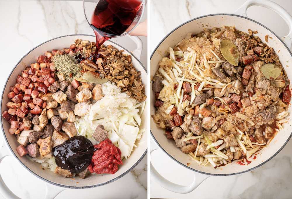 Wine is being added to all the other ingredients for bigos in a pot. Bigos is being cooked in a big white pot.