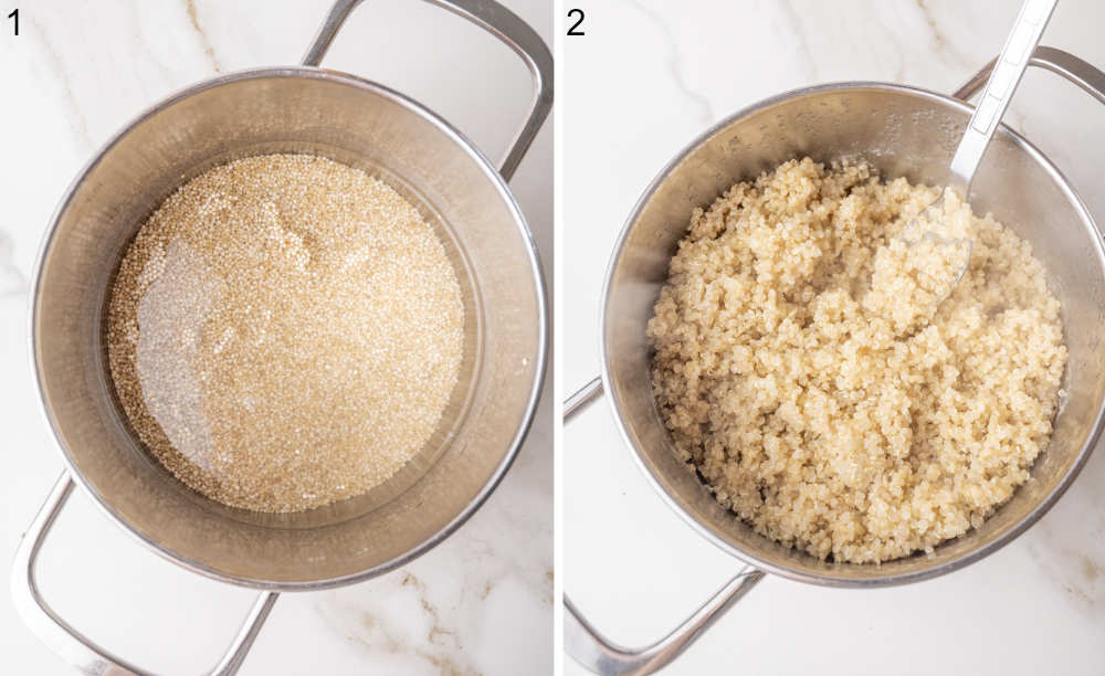 Quinoa and water in a pot. Cooked quinoa in a pot is being fluffed with a fork.