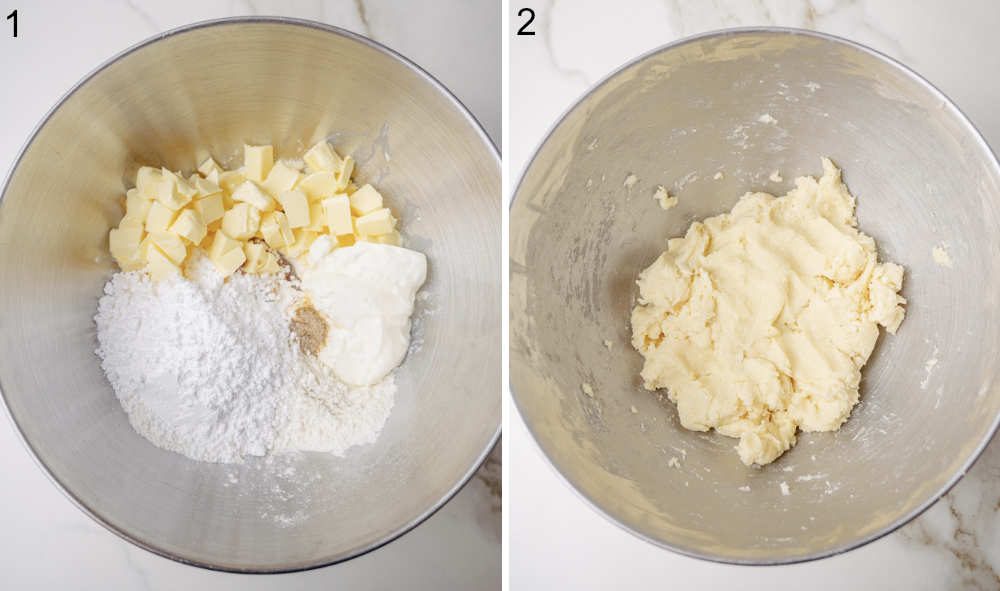 Dough ingredients in a metal bowl. Cookie dough in a bowl.