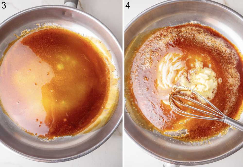 Caramel in a pan. Butter is being whisked into caramel in a pot.
