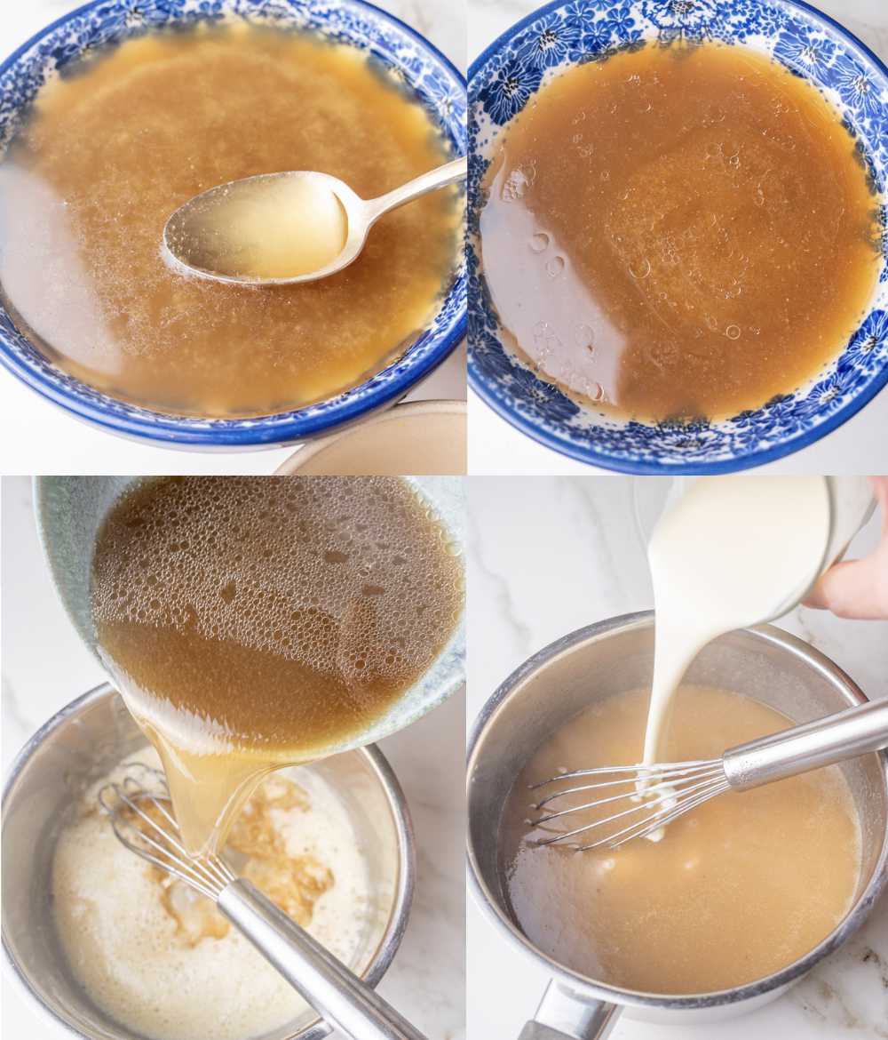 A collage of 4 photos showing how to make a gravy for a Danish roast duck.
