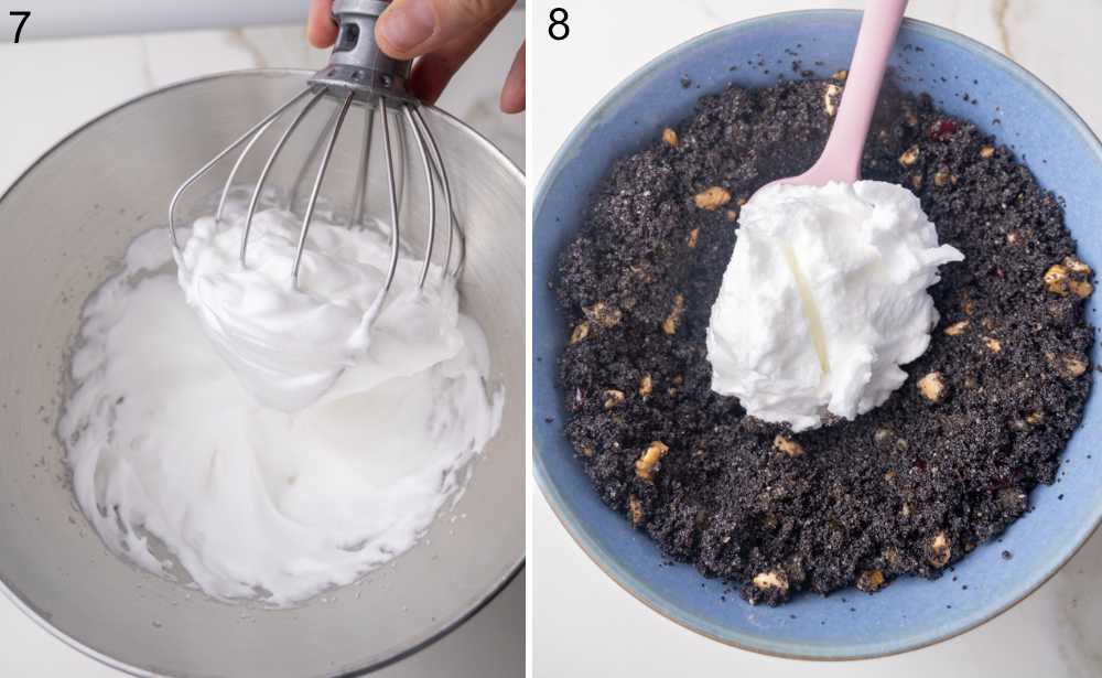 Whipped egg whites in a bowl. Whipped egg whites are being added to poppy seed filling in a blue bowl.
