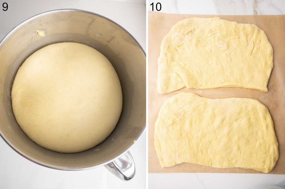 Risen dough in a bowl. Yeast dough flattened into two squares on a piece of parchment paper.